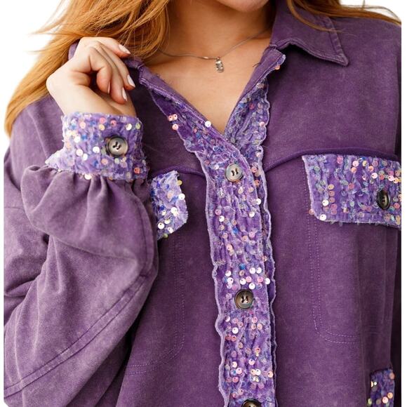 White Birch Purple Mineral Wash Velvet Trim Sequis Button Up Relaxed Shacket - Picture 2 of 16